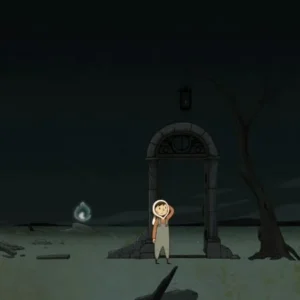 A boy and his companion stand before a towering structure in LUNA The Shadow Dust.