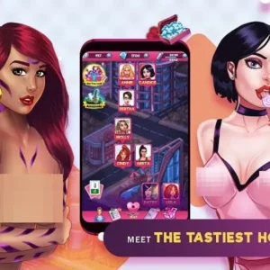 A captivating screenshot from the game Candy Chicks showing the main character surrounded by attractive women.
