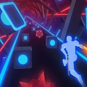 A character running through a neon landscape in Beat Blade: Dash Dance.