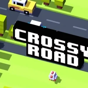 A chicken trying to cross a busy road in Crossy Road.
