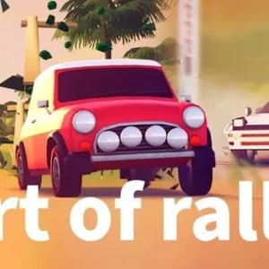 A classic rally car racing through a forest in Art of Rally.