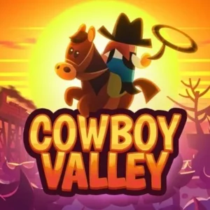 A cowboy stands in front of a farm in Cowboy Valley.