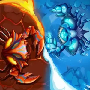 A crab with glowing claws fighting a lizard in Crab War.