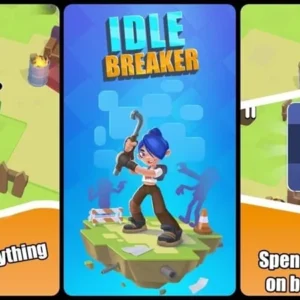 A female character wielding a large gun, standing amidst a destroyed cityscape with zombies approaching. This image showcases the post-apocalyptic setting and action-packed gameplay of Idle Breaker.
