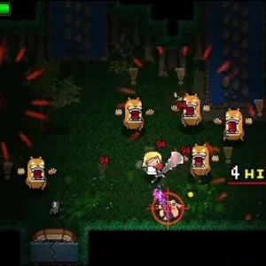 A female warrior character from the game Raspberry Mash, engaging in combat with a sword against a backdrop of pixelated flames and enemies.