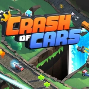 A gameplay screenshot of Crash of Cars showing several cars battling in an arena.
