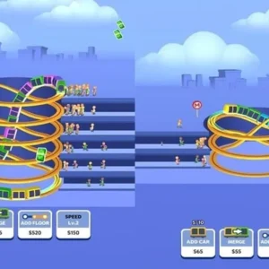 A gameplay screenshot of Speed Train showing the roller coaster and passengers.