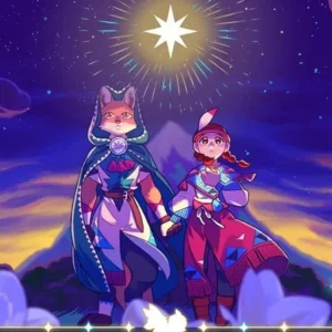 A girl and a fox standing in a snowy forest.
