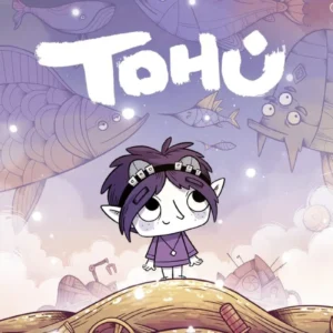 A girl and her robot companion stand in a whimsical world.