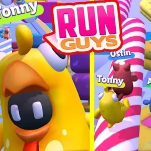 A group of colorful characters running through an obstacle course in Run Guys.