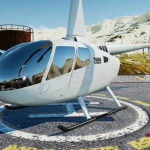 A helicopter flying over a cityscape in Helicopter Simulator 2023.