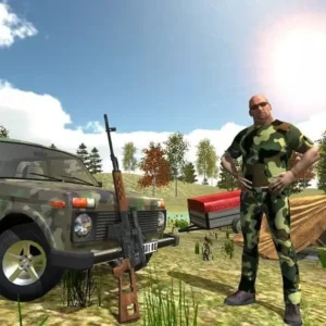 A hunter aiming a rifle at a deer in Hunting Simulator 4x4.