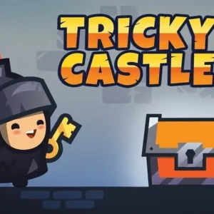 A knight standing in front of a castle door in Tricky Castle.