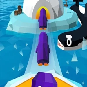 A penguin being launched towards an igloo in Igloo Rush.