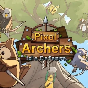 A pixelated archer aiming a bow and arrow at a swarm of insects climbing a tree.