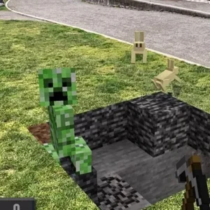 A player using their phone to interact with a Minecraft Earth creation in a park.