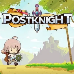 A Postknight character standing in a forest path.