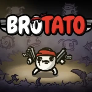 A potato character holding six different weapons, surrounded by various alien enemies.
