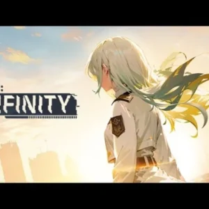 A promotional image for Code: Infinity, showcasing the game's futuristic setting and a female character.