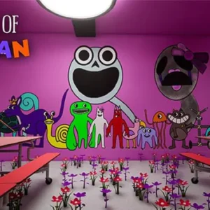 A promotional image for Garten of Banban 4 showcasing the game's creepy atmosphere and characters.