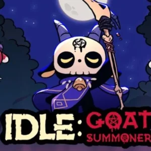 A promotional image for Idle Goat Summoner featuring various goat characters and enemies.