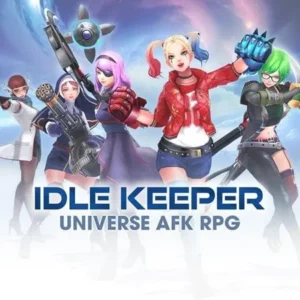 A promotional image for Idle Keeper, showing a diverse group of heroes ready for battle.