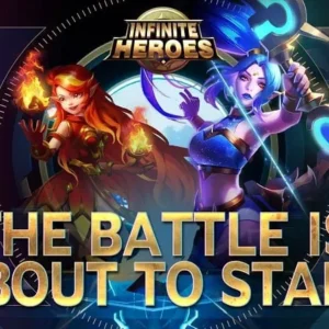 A promotional image for Infinite Heroes: AFK Idle Games showcasing various heroes in battle.
