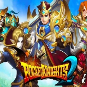 A promotional image for Pocket Knights 2 showing various characters and the game title.
