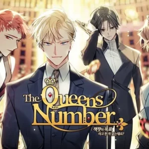 A promotional image for Queens Number showcasing the main character and four male love interests.
