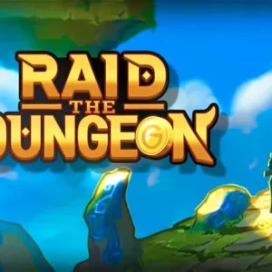 A promotional image for Raid the Dungeon featuring multiple heroes in action.