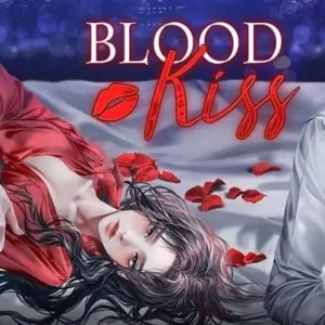 A promotional image for the Blood Kiss game, showcasing the main character surrounded by four attractive male vampires.