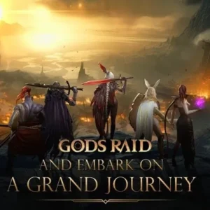 A promotional image for the game Gods Raid, showcasing several characters in dynamic poses.