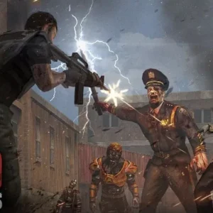 A promotional image for the game MAD ZOMBIES, showcasing intense zombie-shooting action.
