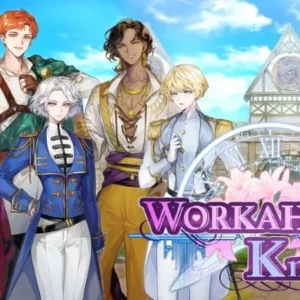A promotional image for the game Workaholic Knights showing the main character surrounded by four princes.