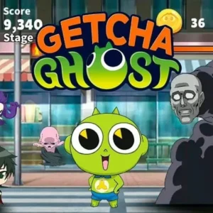 A promotional image for the Getcha Ghost mobile game showcasing the characters and gameplay.