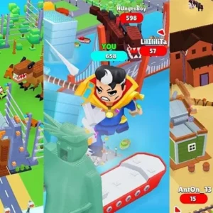 A robot destroying a building in Crazy Toys City.
