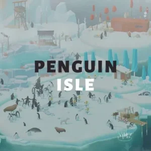 A scenic view of the Penguin Isle game with various penguin habitats and decorations.