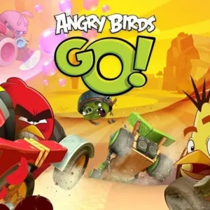 A screenshot from Angry Birds Go showing a red bird driving a kart.