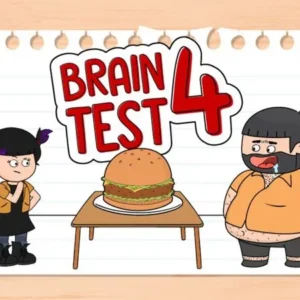 A screenshot from Brain Test 4 showing a puzzle involving choosing a dish for a character.