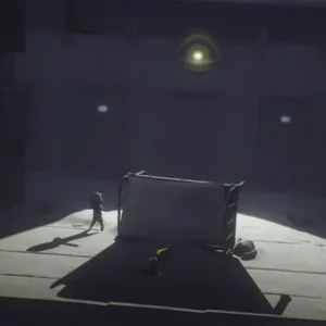 A screenshot from Little Nightmares showing Six hiding from a monstrous chef