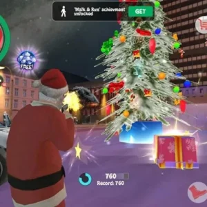 A screenshot from the game Crime Santa showing the main character in a Santa suit holding a gun.
