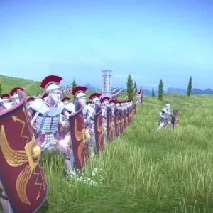 A screenshot from the game Legions of Rome 2, showing a battle scene with Roman soldiers fighting.