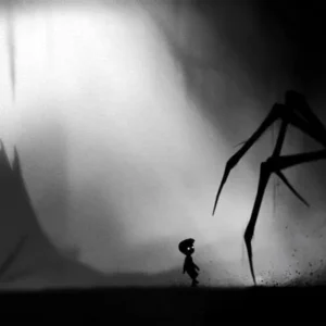 A screenshot from the game LIMBO showing the main character standing in a dark forest.