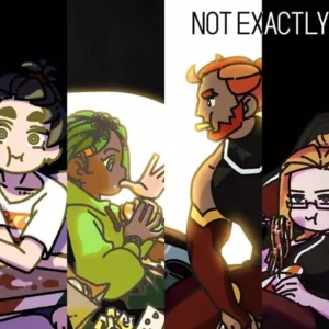 A screenshot from the game Not Exactly A Hero showing the main character interacting with a superhero.