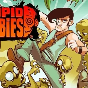 A screenshot from the game Stupid Zombies showing a player aiming a gun at a group of zombies.