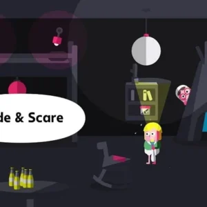 A screenshot from Toca Boo showing the main character hiding behind a curtain.