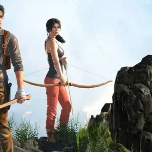 A screenshot from Woodcraft Island Survival Game showing the main character on a beach.