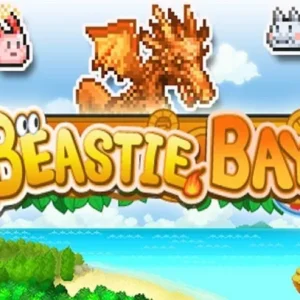 A screenshot of Beastie Bay gameplay showing a character exploring a pixel art island.