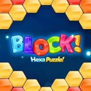 A screenshot of Block! Hexa Puzzle gameplay with colorful hexagonal blocks.