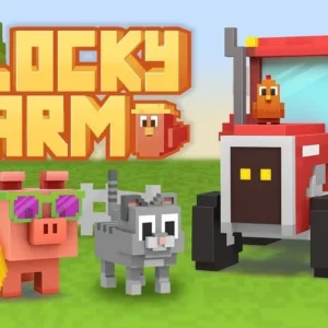 A screenshot of Blocky Farm gameplay showing a farm with crops and animals.
